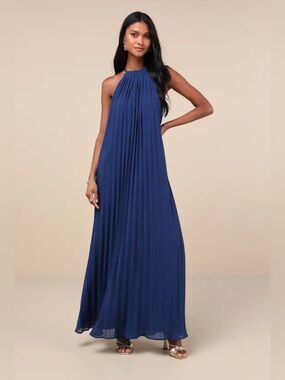 Lulus Exceptionally Elegant Blue Pleated Chiffon Maxi Dress XS NWT